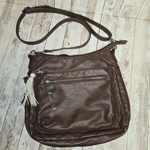 Sam & Hadley Brown Crossbody Bag Faux Leather Multi Zip Tassel Boho 11x10